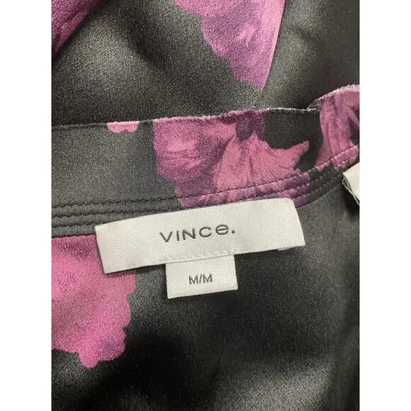 Vince 'Begonia' Black Floral Silk Banded Long Sleeve Collar Shirt Size M - Picture 4 of 5